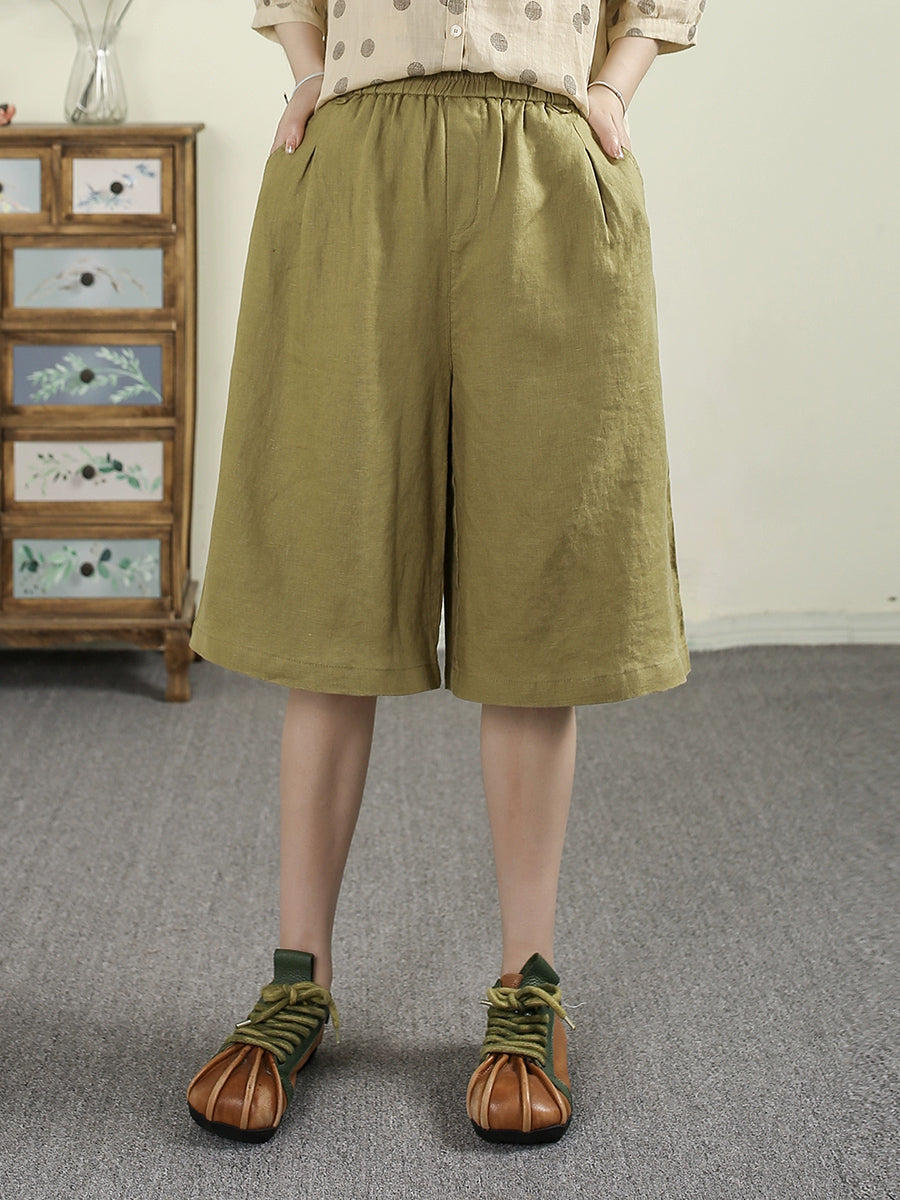 Women Summer Pure Color 100%Linen Wide-leg Fifth Pants