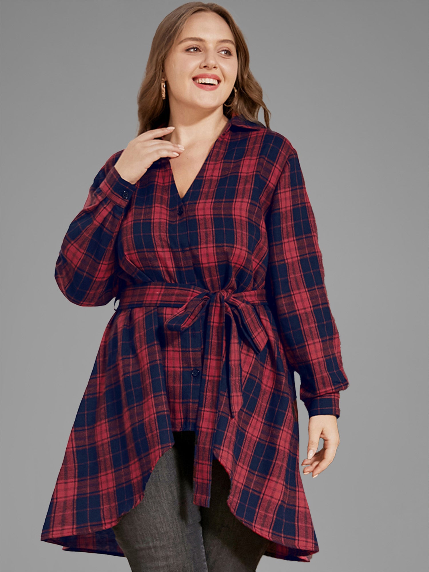 Plaid Button Up Asymmetrical Hem Belted Blouse
