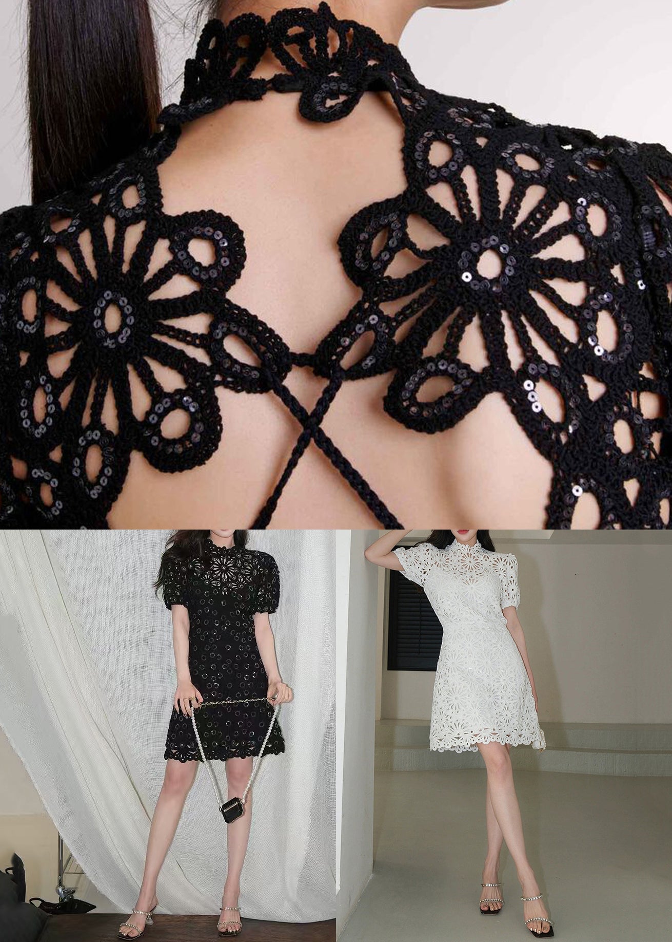 Handmade Black Sequins Hollow Out Cotton Mid Dresses Summer