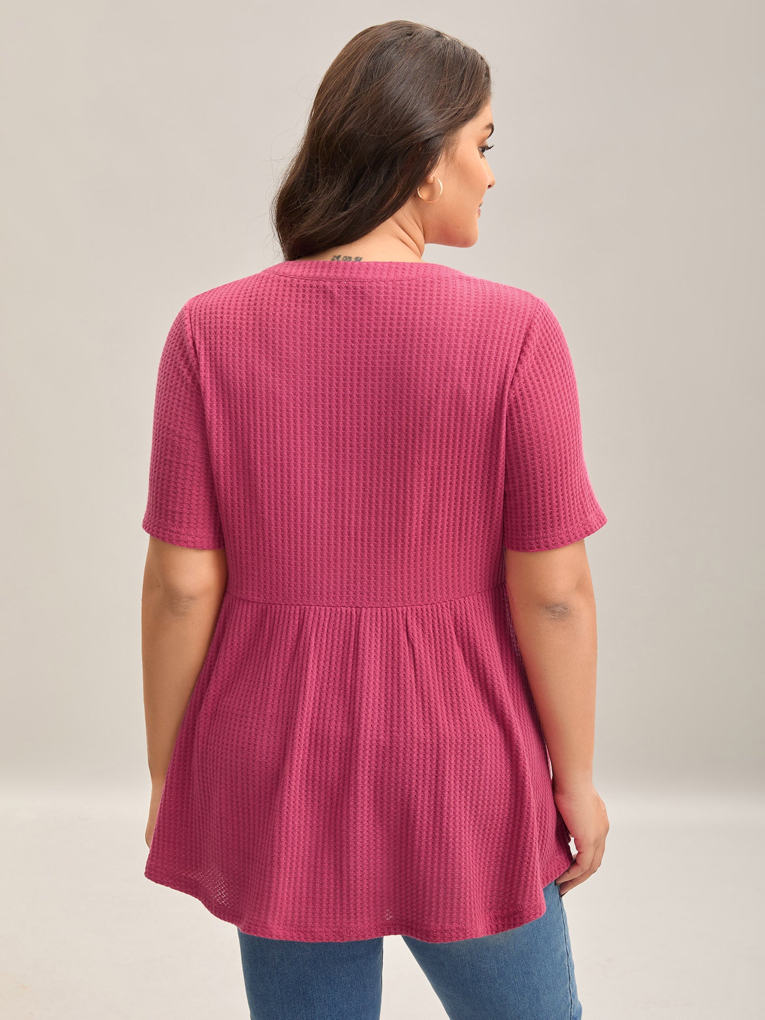 Textured Notched Neck Button Plain T-Shirt