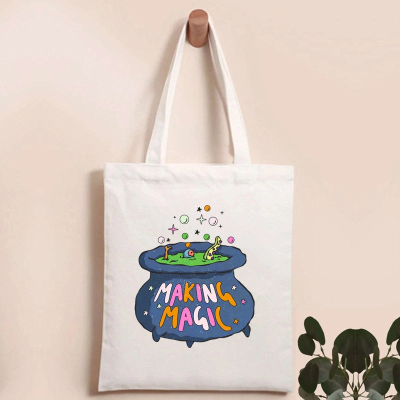 Halloween Women's Canvas Pumpkin Letter Cute Square Open Canvas Bag