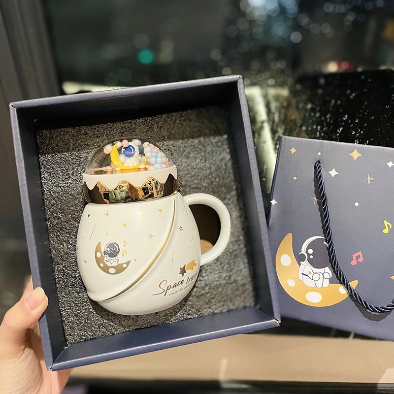 2 Pieces Astronaut Series Space Mug With Lid And Spoon Ceramic Couple Water Cup Girl Gift Set Boyfriend Gift