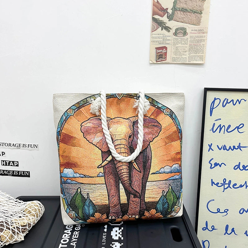 Women's Medium Canvas Elephant Ethnic Style Classic Style Square Zipper Tote Bag