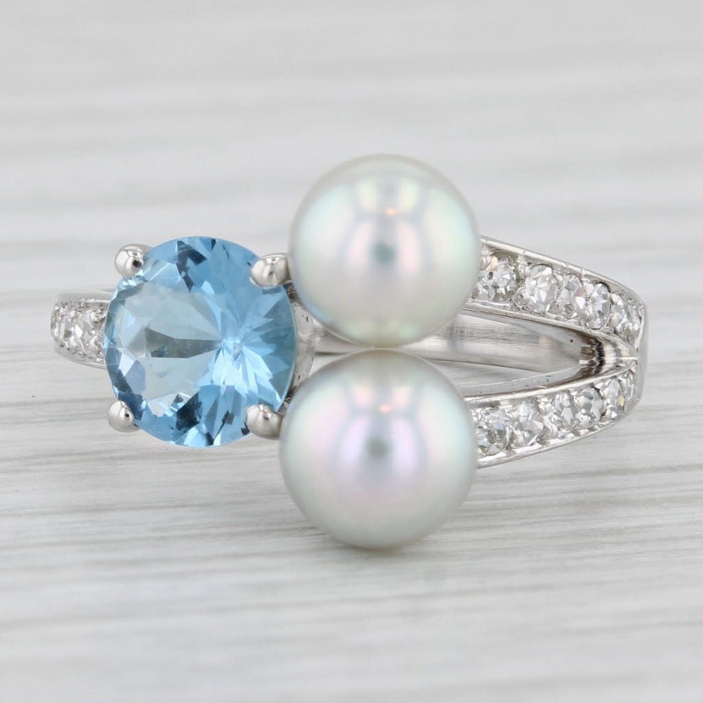 Cultured Pearl 1.63ctw Blue Topaz Diamond Ring Platinum Size 6.5