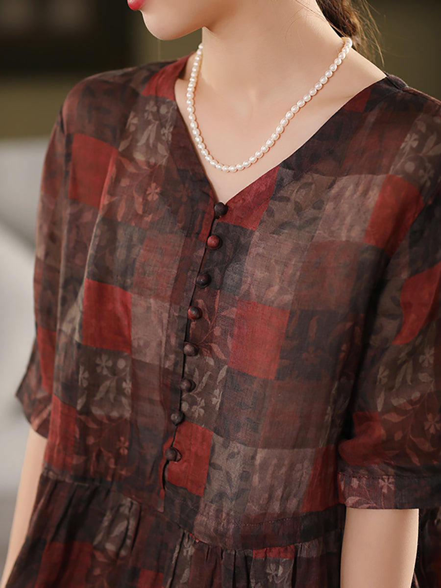 Women Summer Vintage Plaid V-Neck 100%Ramie Dress