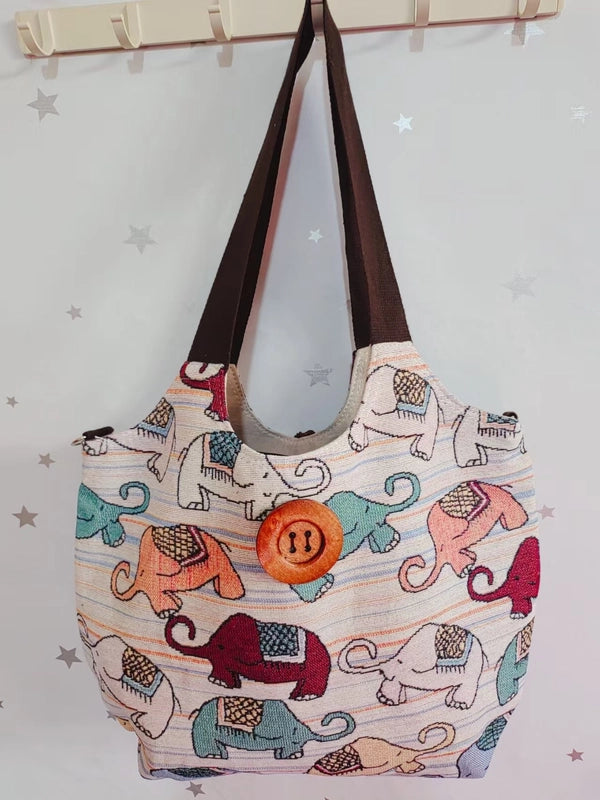 Women's Large Canvas Elephant Ethnic Style Square Zipper Shoulder Bag