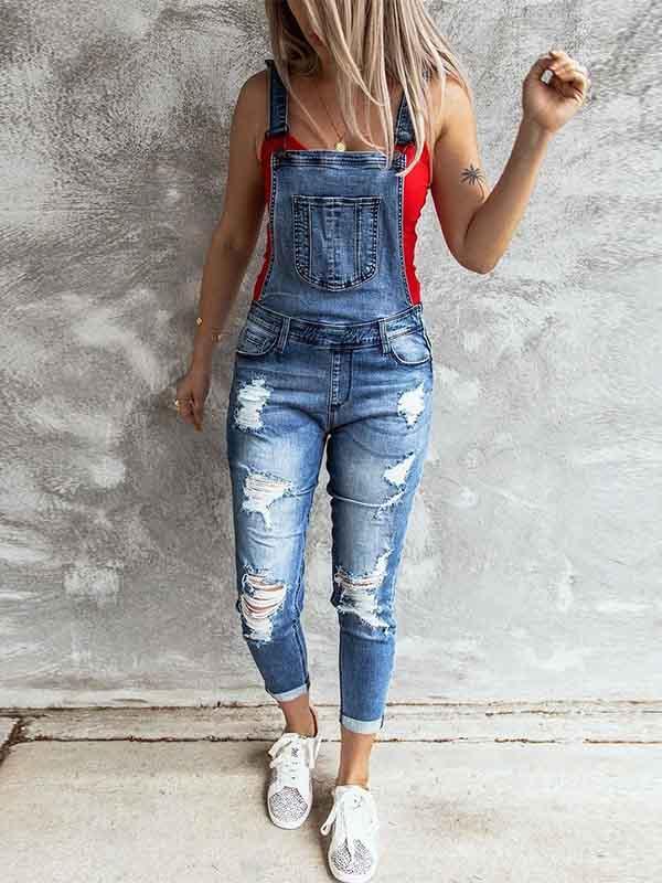 Ripped Stretch Denim Jumpsuit