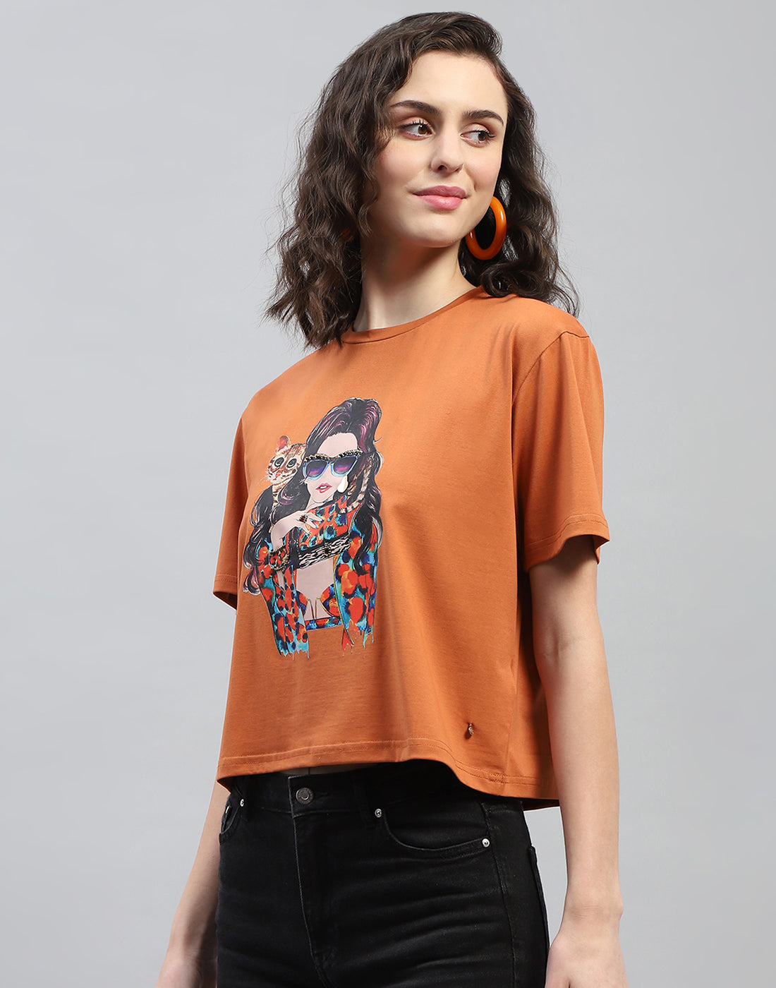 Women Tan Printed Round Neck Half Sleeve Top