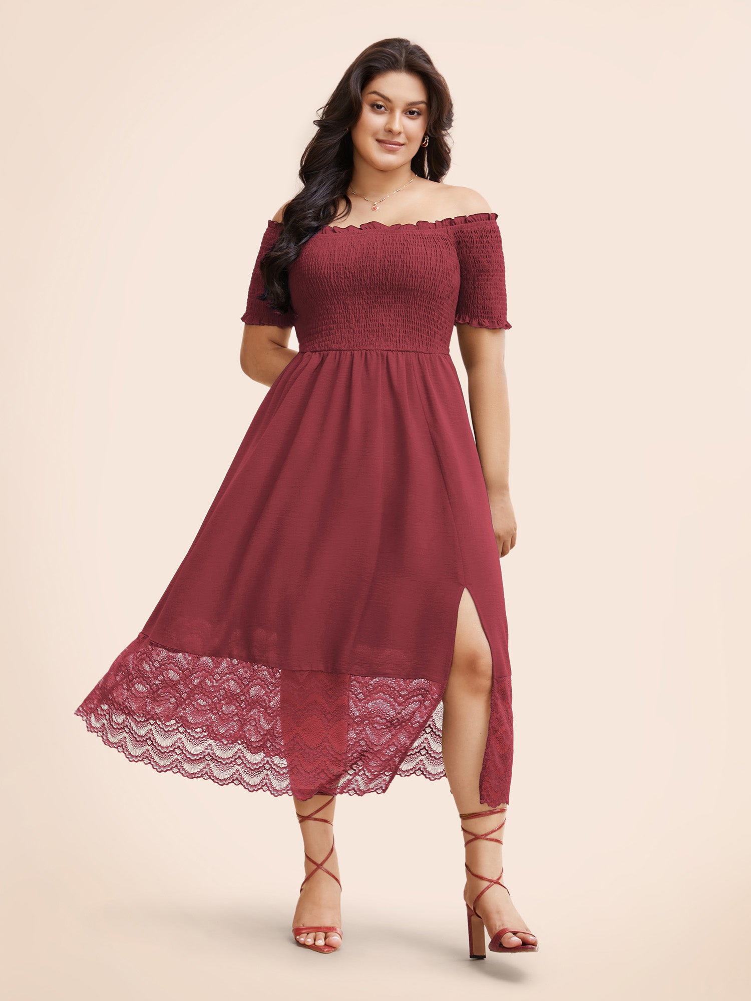 Off Shoulder Shirred Lace Patchwork Dress