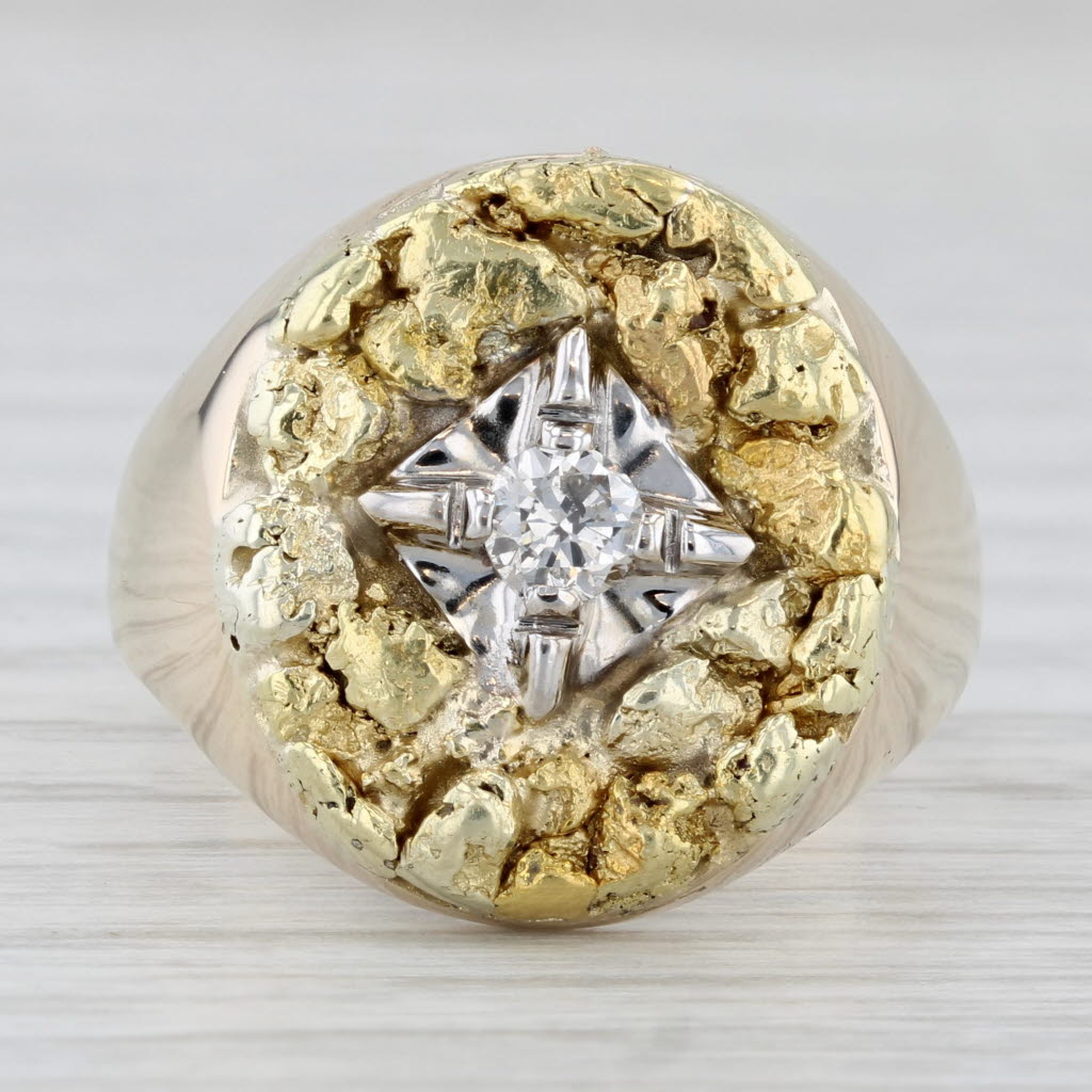 Vintage 0.22ct Diamond Solitaire Gold Nugget Ring 10k 18k Yellow Gold Size 9.25