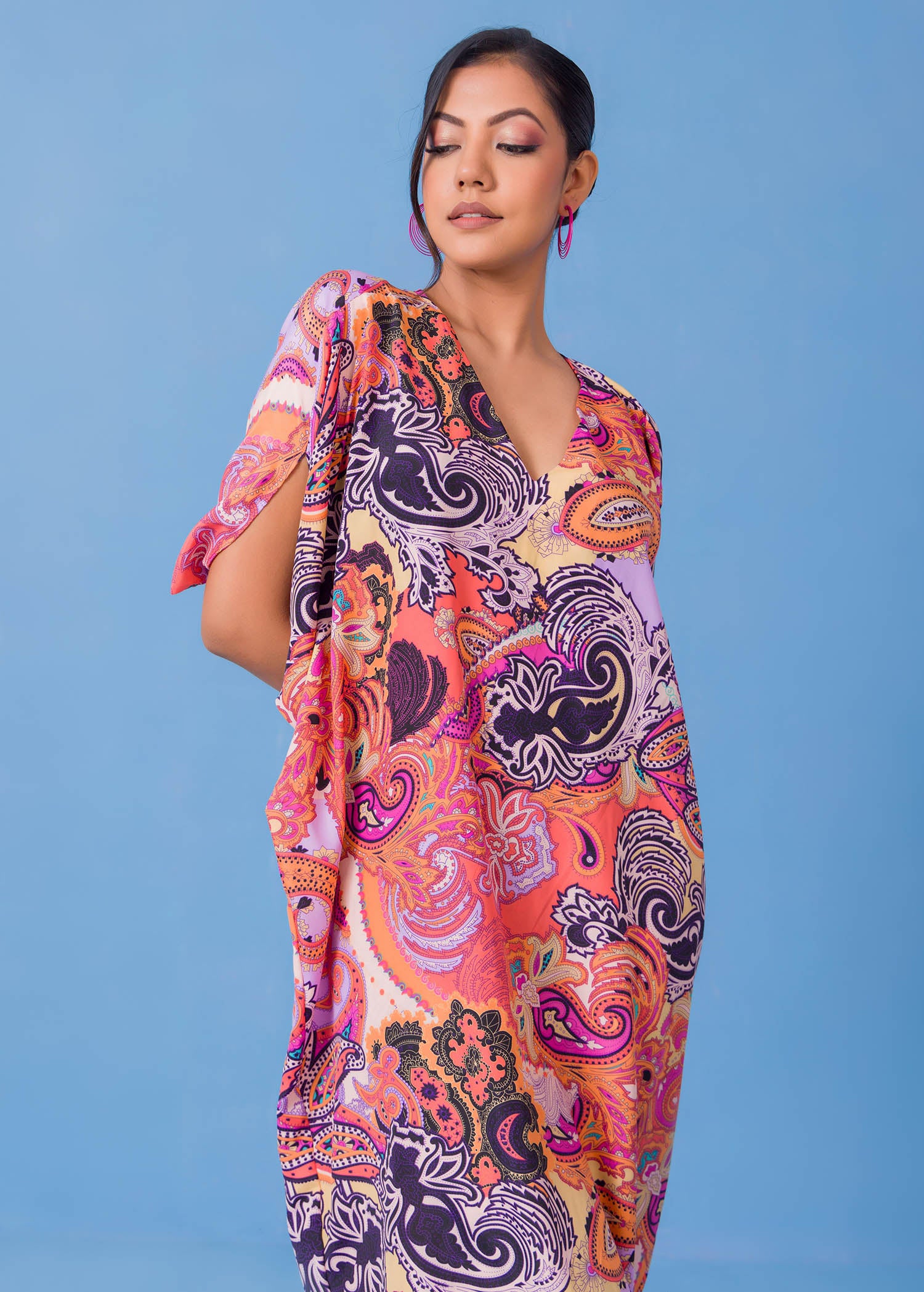 V Printed Neck Kaftan Dress