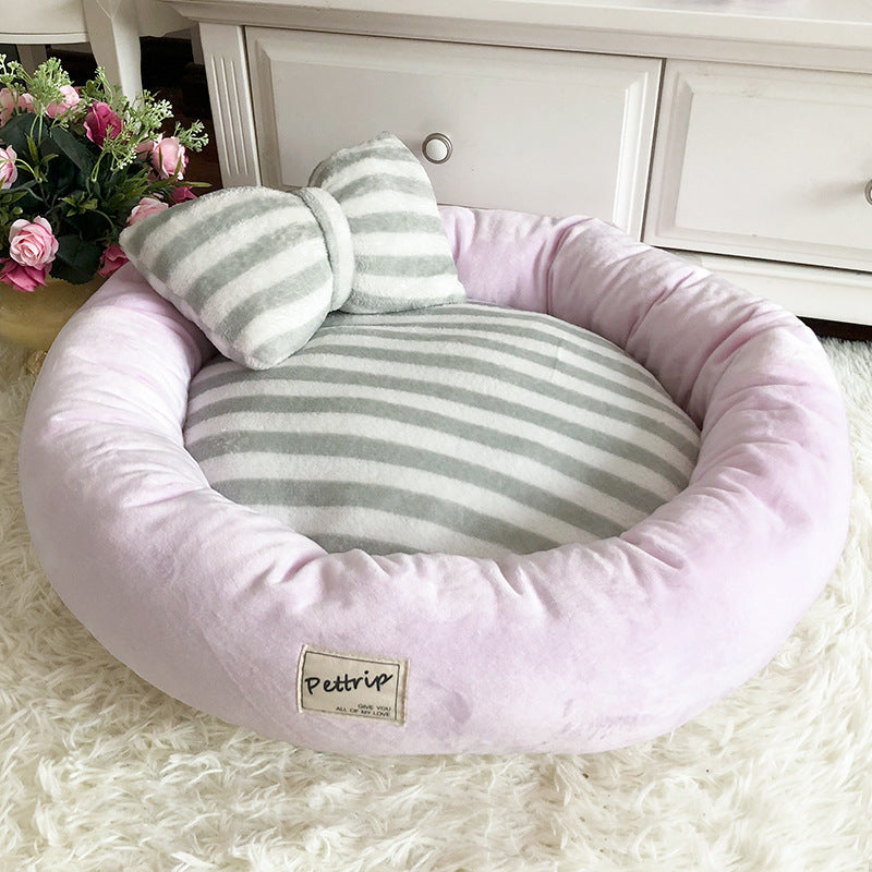 Sweet Soft Striped Bowknot Pillow Dog Cat Bed