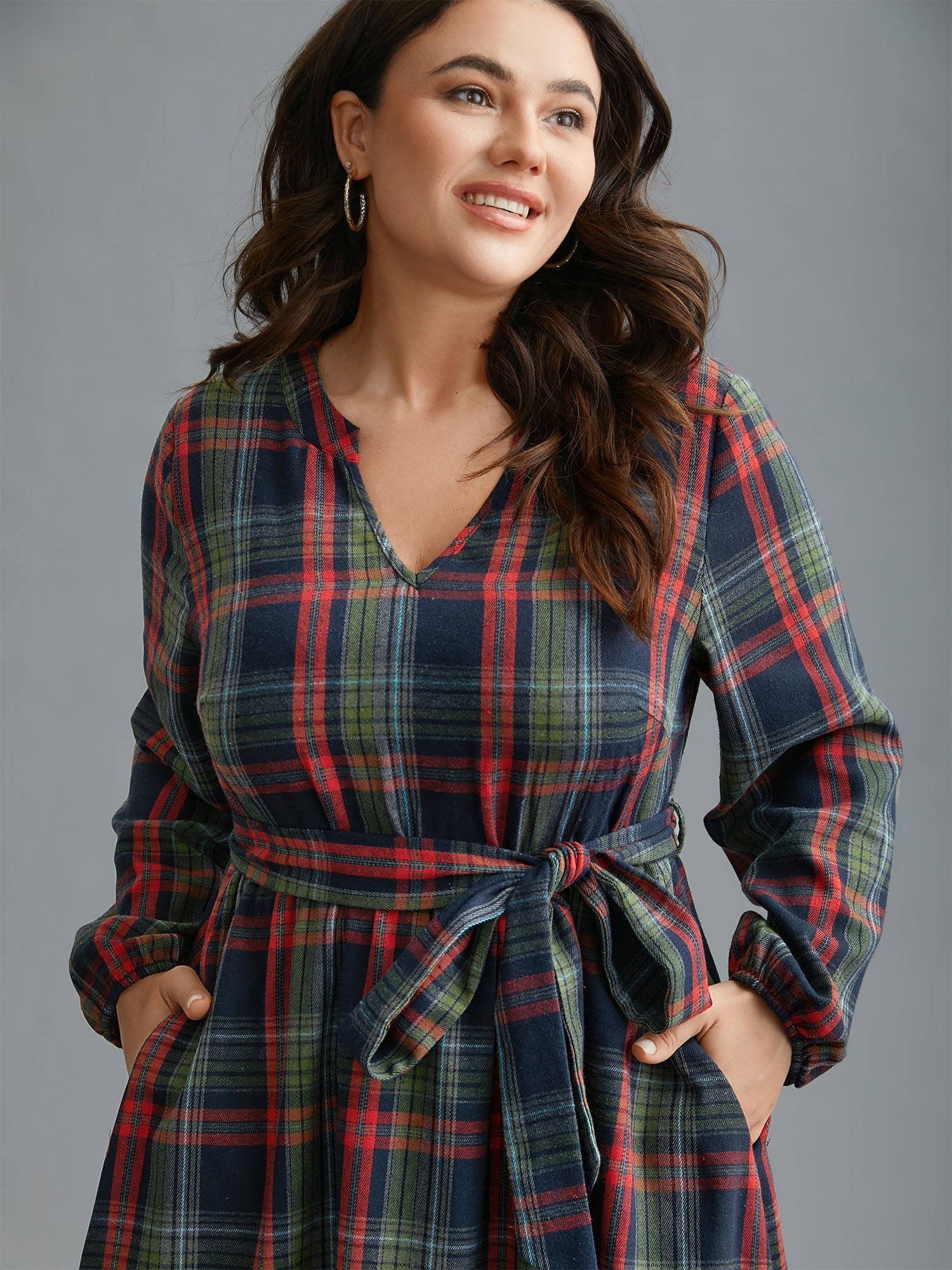 Festive Notched Collar Plaid Dress