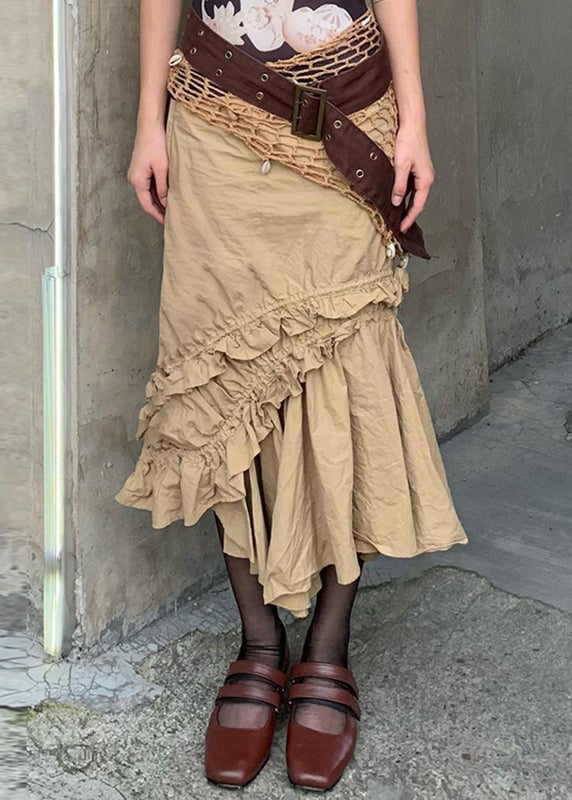 New Khaki Asymmetrical Ruffled Cotton Skirt Summer