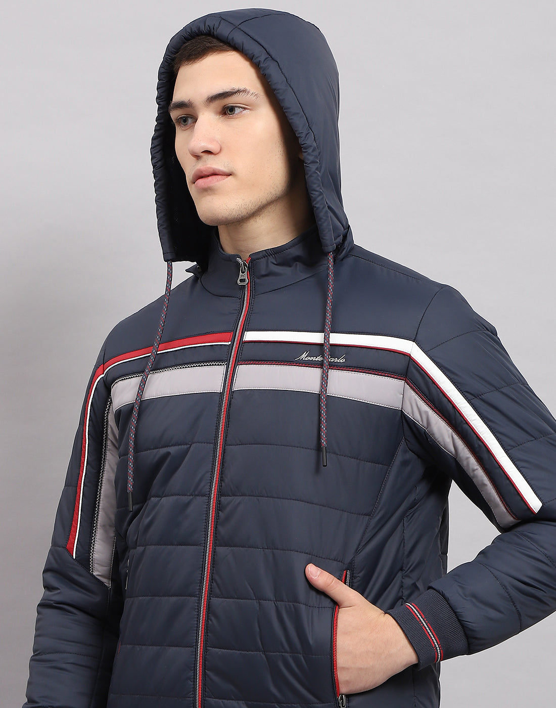 Men Navy Blue Solid Hooded Full Sleeve Jacket