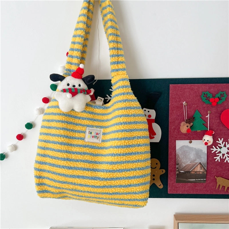 Women's Fleece Stripe Classic Style Square Magnetic Buckle Shoulder Bag