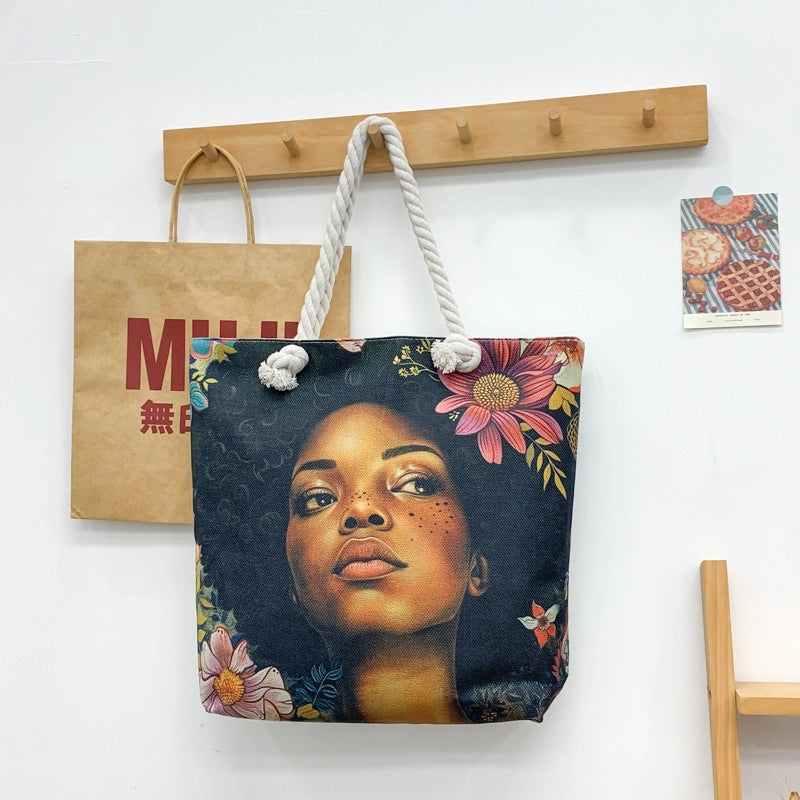 Women's Large Cotton And Linen Letter Elegant Streetwear Square Zipper Tote Bag