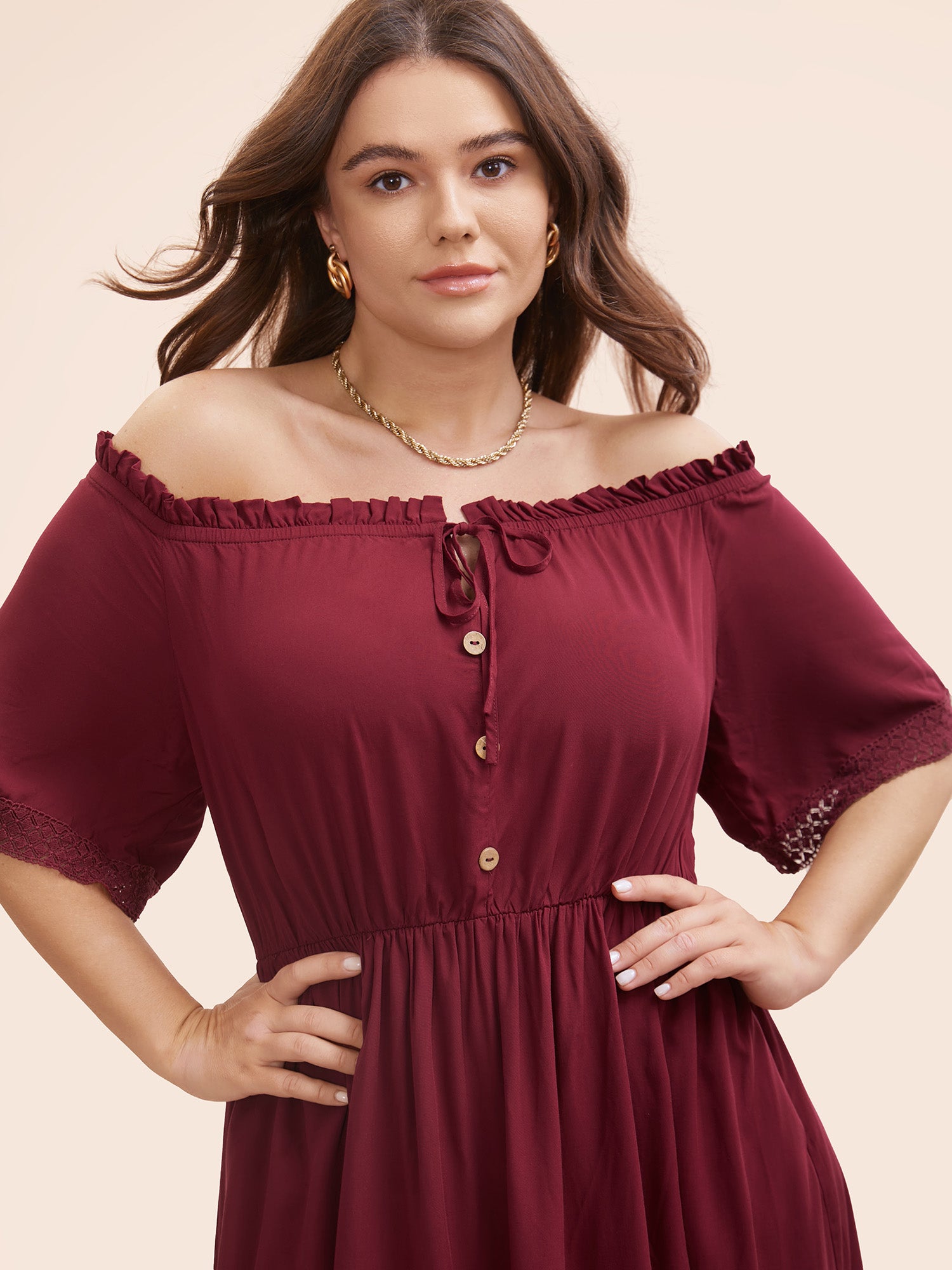 Plain Off Shoulder Lace Trim Ruffle Hem Dress