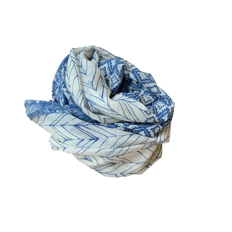 Women's Silk Scarf Summer Versatile Thin Scarf Cotton And Linen Scarf Blue Feather Tassel Beach Towel Sunscreen Shawl