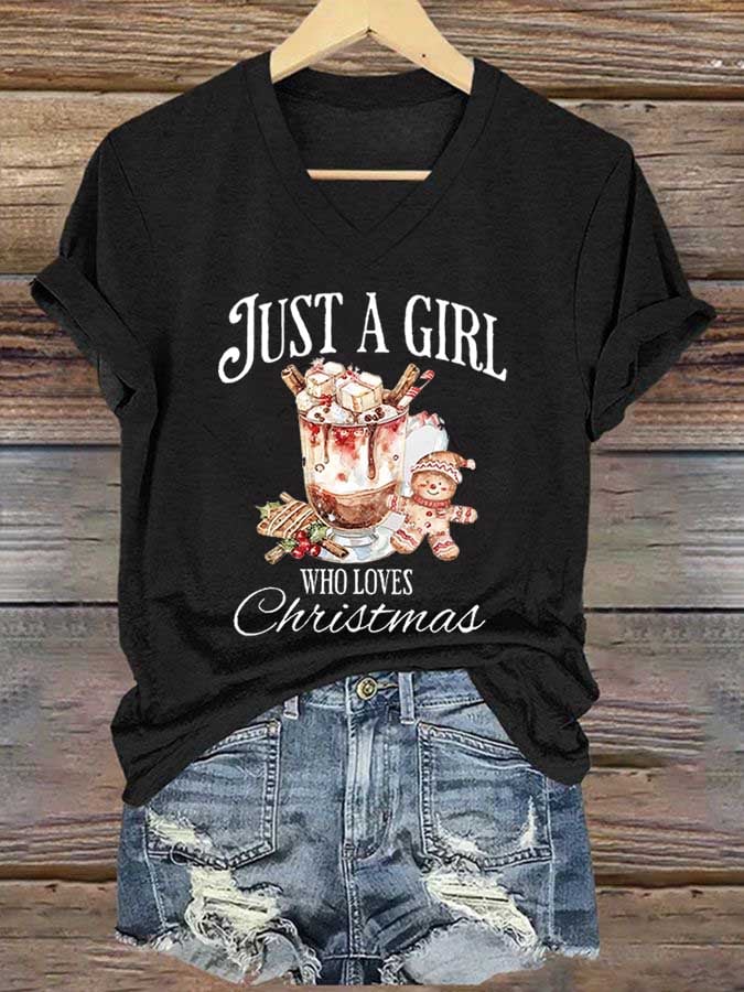 Women's Just A Girl Who Loves Christmas Print Casual V-Neck T-Shirt