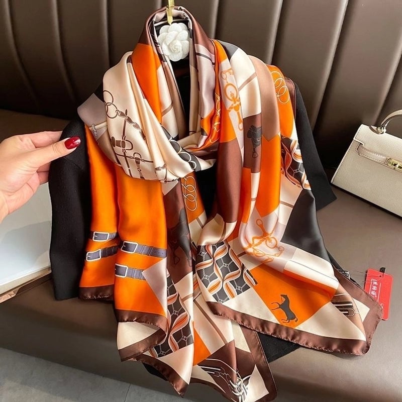 Women's Fashion Letter Plaid Satin Printing Silk Scarves