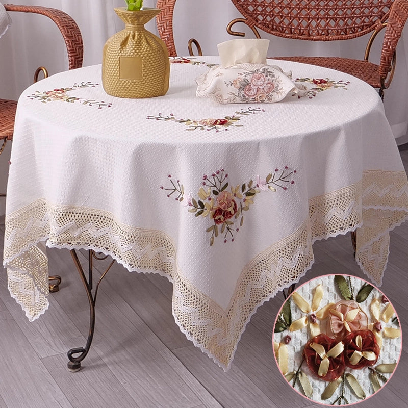 Dining Table Cloth Fabric Cotton Linen Rectangular Pastoral Tablecloth Ribbon Embroidered Small Fresh Simple Round Table Household Coffee Table Cloth
