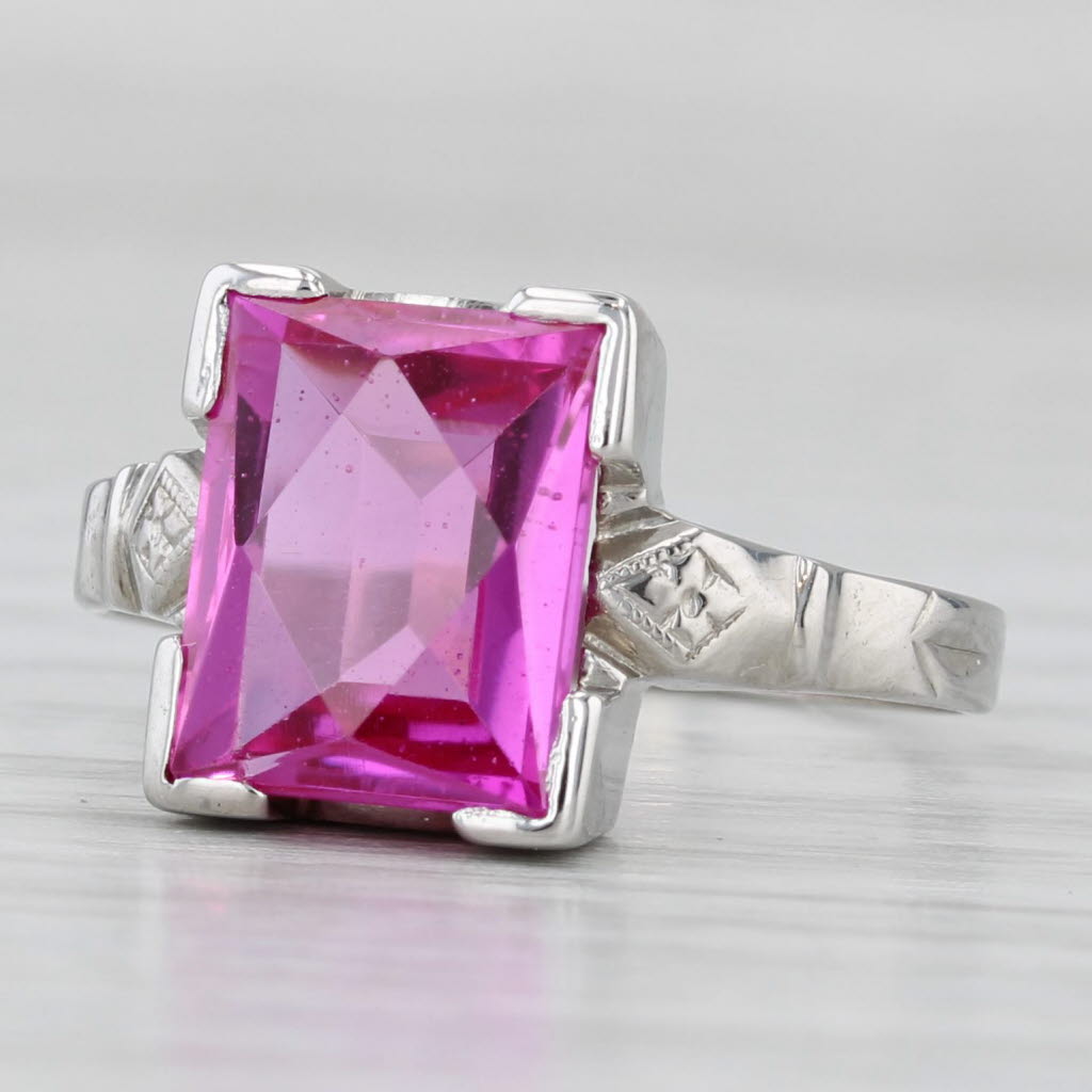 Vintage 3.35ct Lab Created Pink Red Ruby Ring 10k White Gold Size 7.5 Solitaire