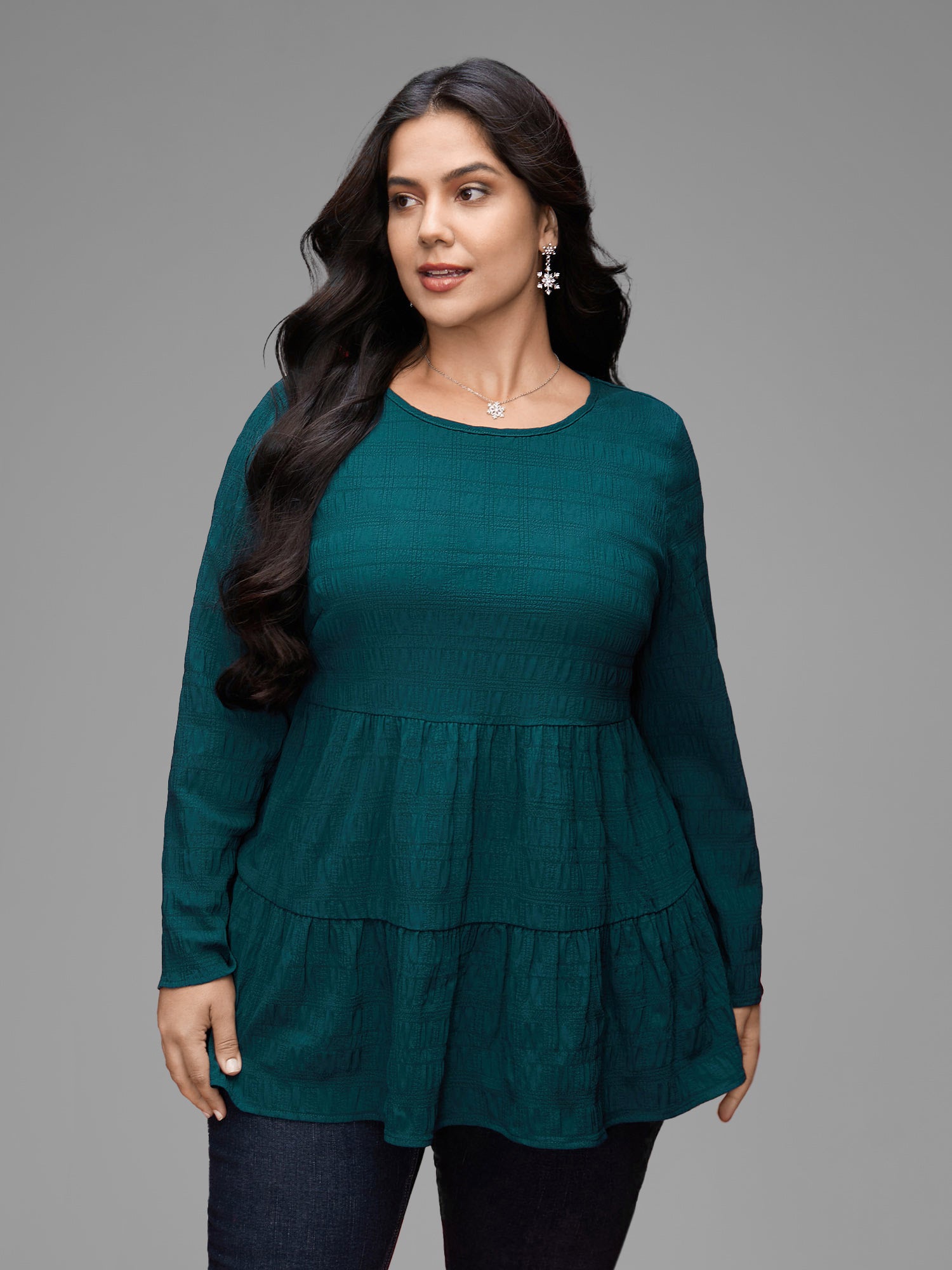 Textured Round Neck Tiered Hem Blouse