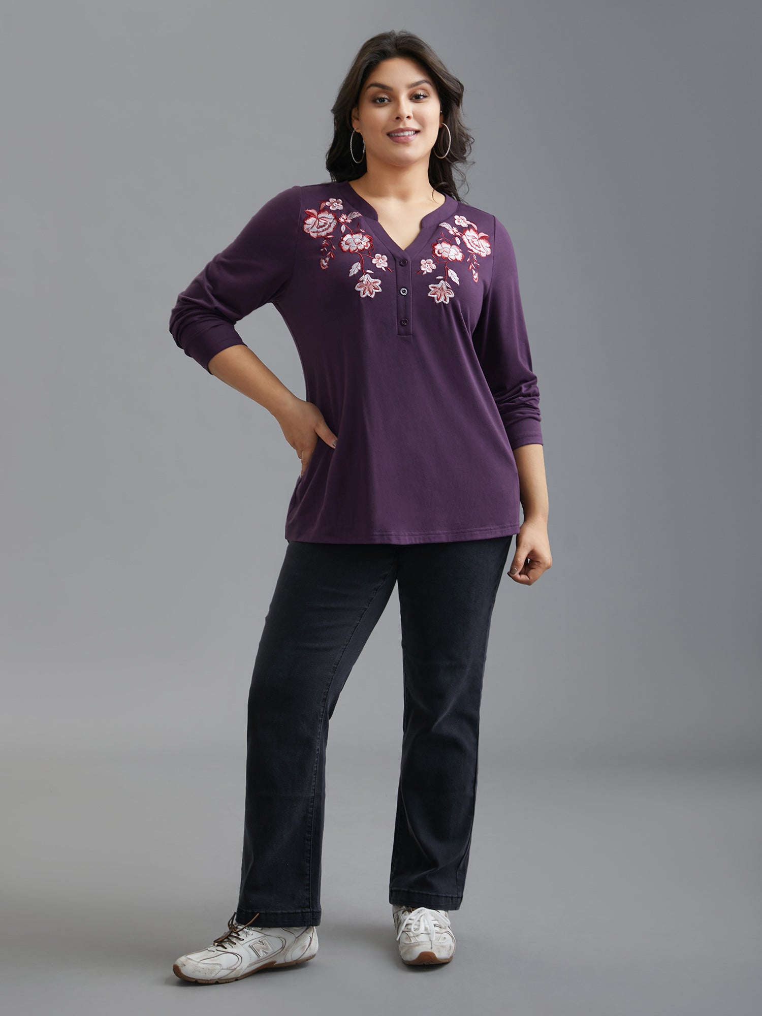 Notched Floral Embroidered  Button Top