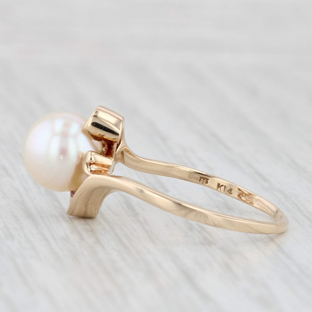 Cultured Pearl Bead Solitaire Bypass Ring 14k Yellow Gold Size 6.75