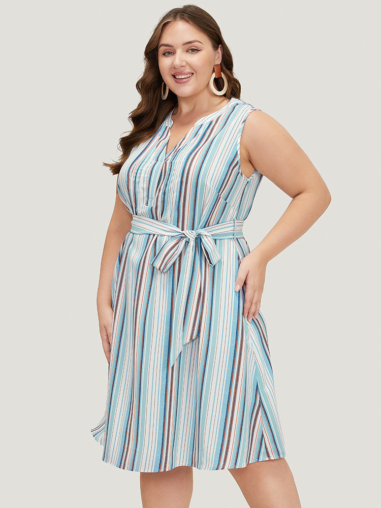 Striped Contrast Belted Pocket Notched Tank Dress