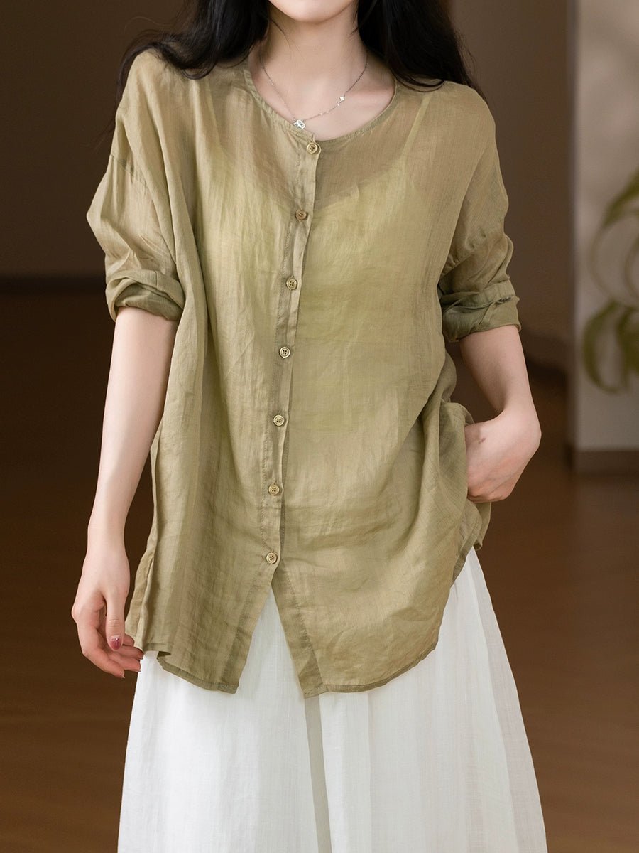Women Summer Vintage Pure Color O-Neck 100%Ramie Shirt
