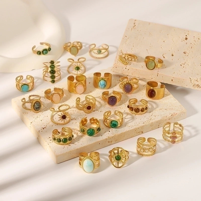 Stainless Steel 18K Gold Plated Basic Vintage Style Plating Inlay Round Natural Stone Open Rings
