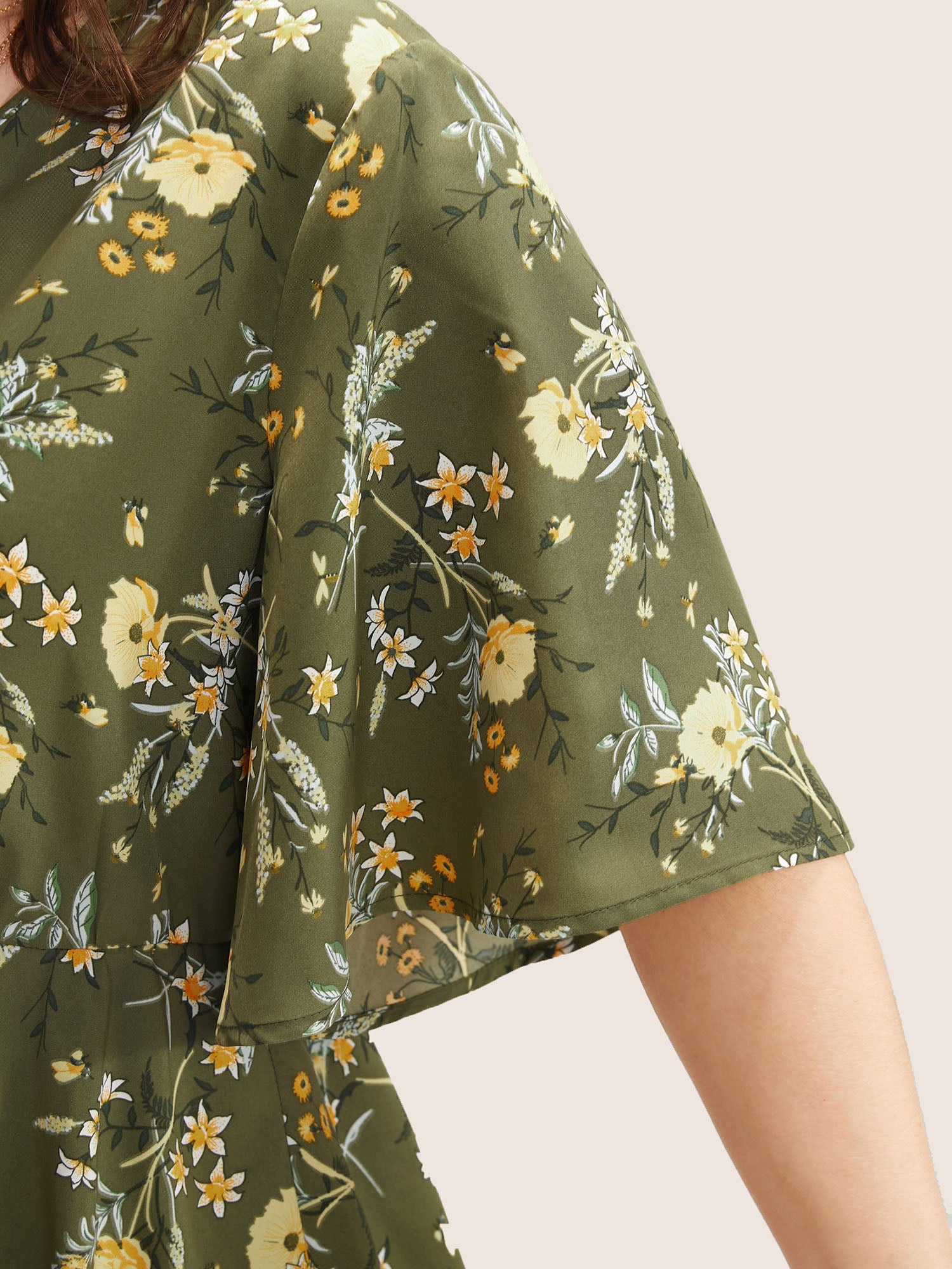 Floral Print Ruffles Surplice Neck Blouse