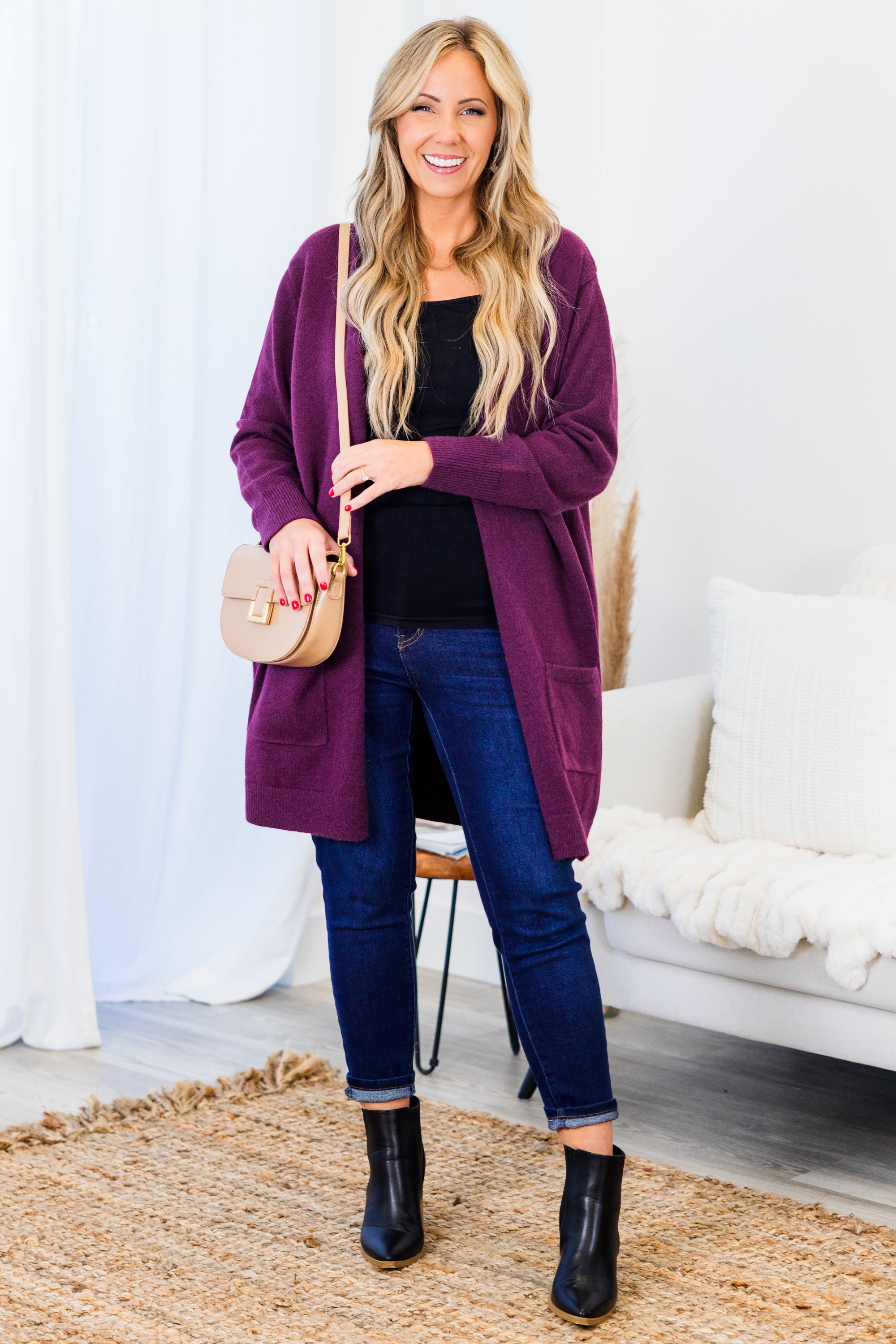 Bundled Up In Joy Cardigan. Plum