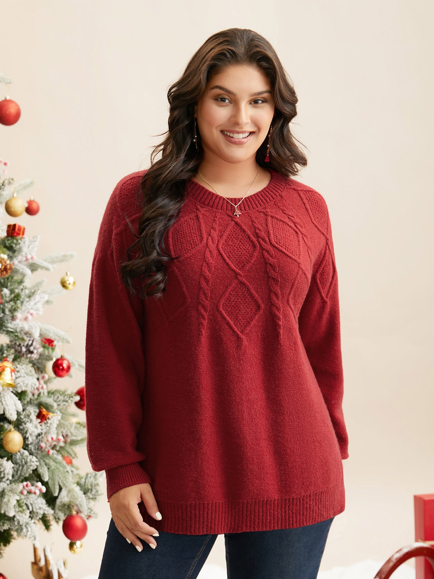 Cable Knit Bodice Crew-Neck Pullover