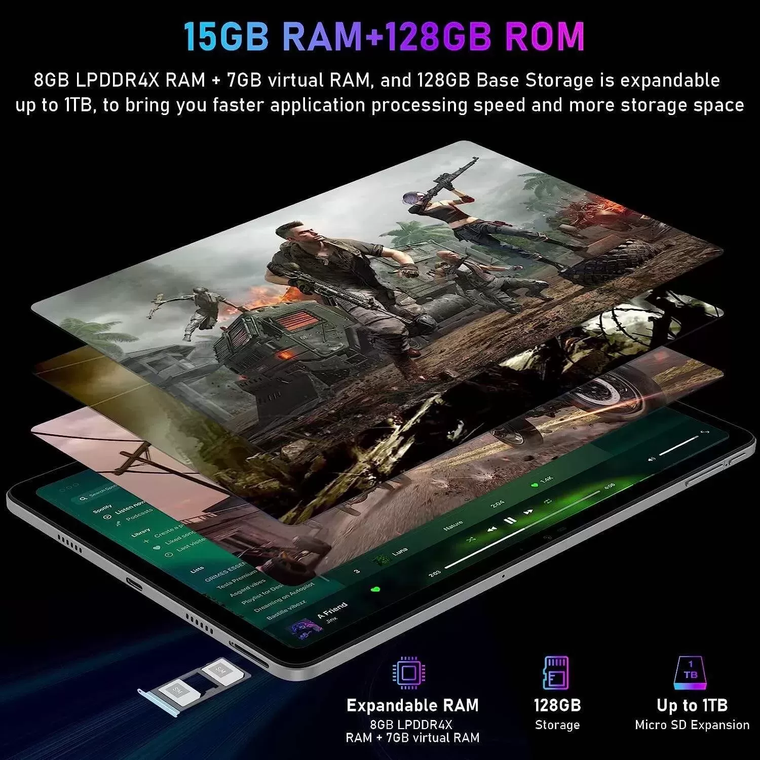 T10 Android Tablet 2K HD 10.1 inch, 15GB RAM 128GB ROM(TF 1TB), Octa-Core Android 12 OS, Battery 8300mAh, 2.4/5G WiFi&Bluetooth 5.0, 13MP+8MP Camera, TÜV Low Bluelight Tablet for Kids (Silvery)
