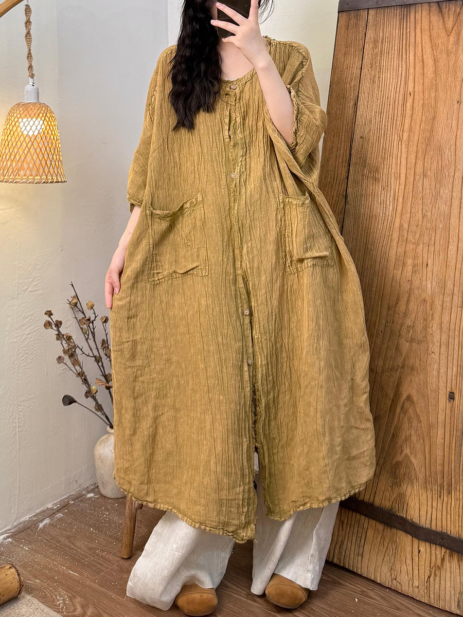 Women Summer Retro Pure Color O-Neck Linen Shirt Coat