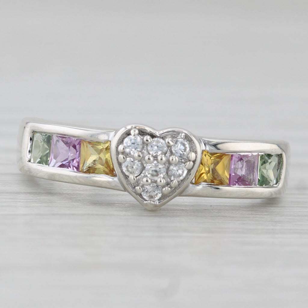 1.05ctw Zircon Pave Heart Rainbow Sapphires Ring Sterling Silver Size 6.25 COA
