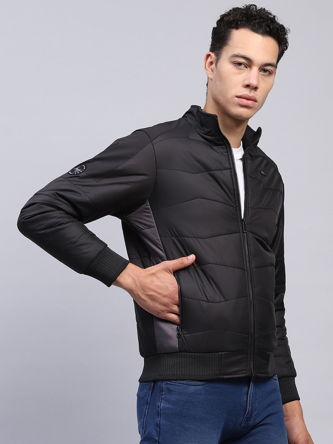 Men Black Solid Mock Neck Full Sleeve Jacket