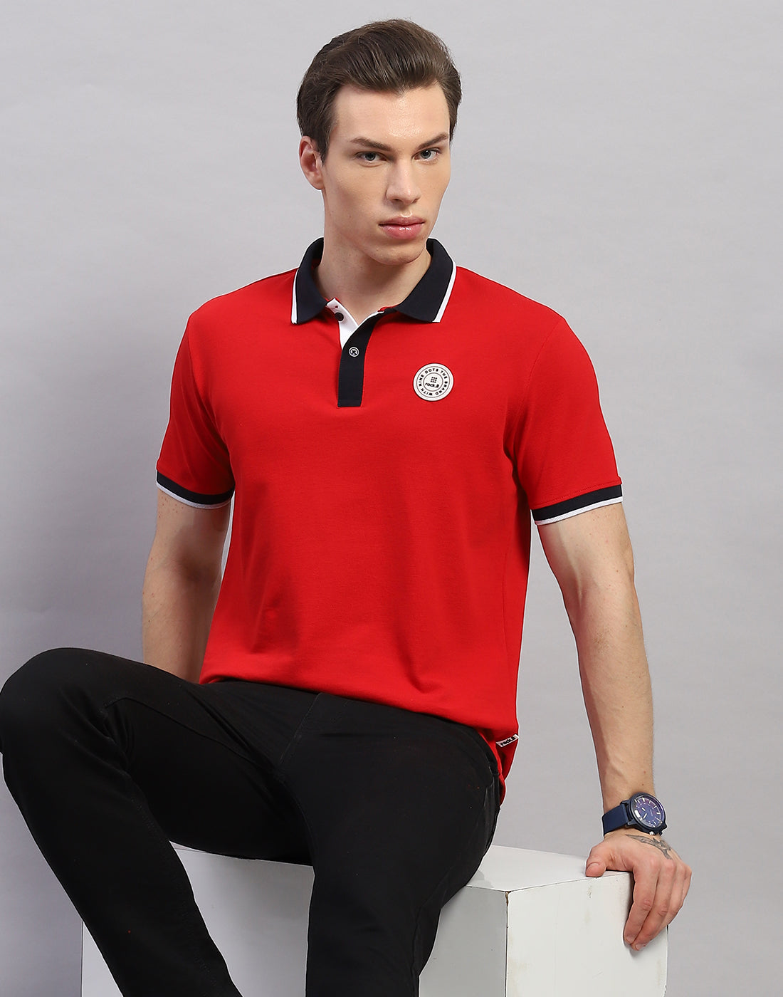 Men Red Solid Polo Collar Half Sleeve T-Shirt