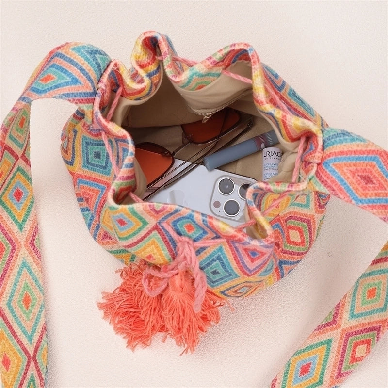 Women's Medium Canvas Geometric Ethnic Style Bucket Open Bucket Bag