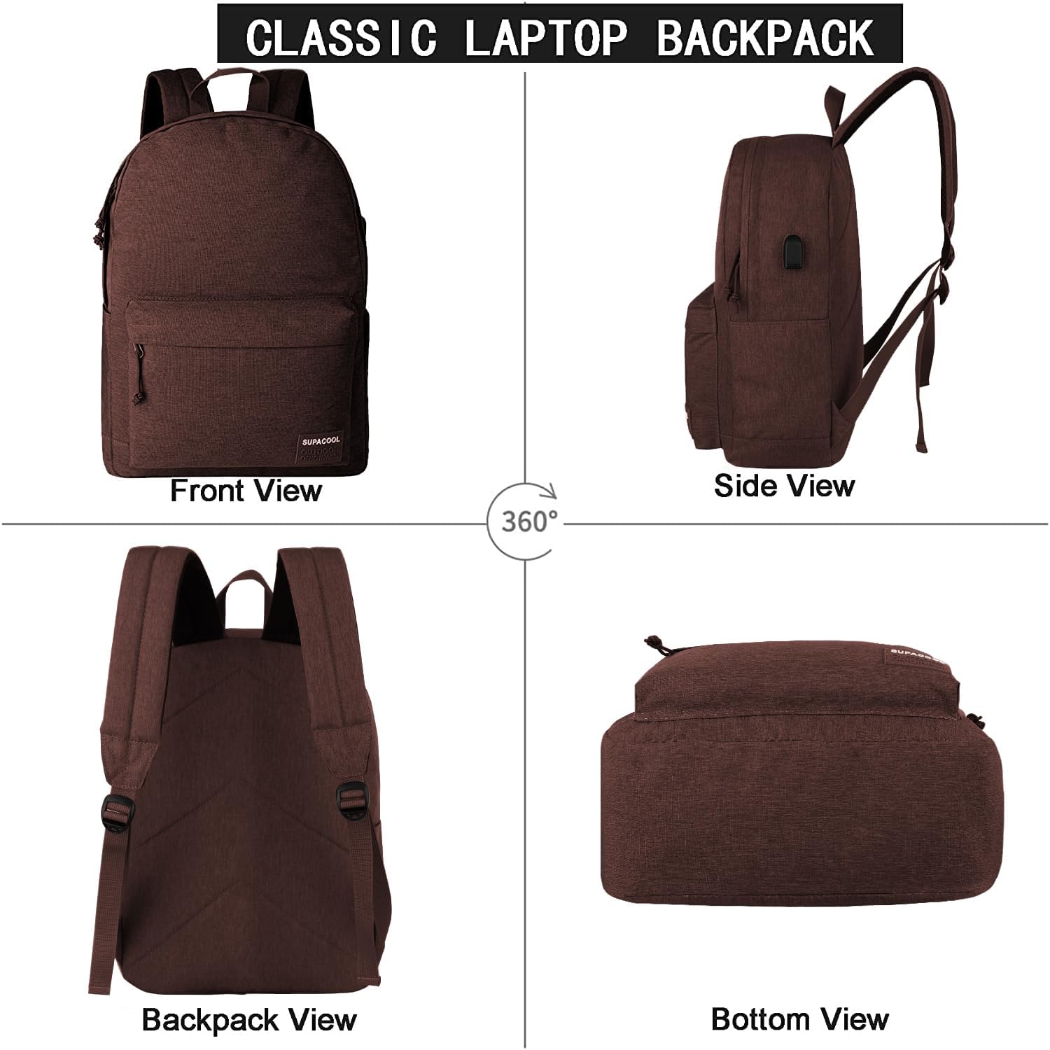 SUPACOOL Casual Laptop Backpack for Men and Women, School Backpack for Boys and Girls, College Bookbag, USB Charging Port, Lightweight Back Pack(Black)