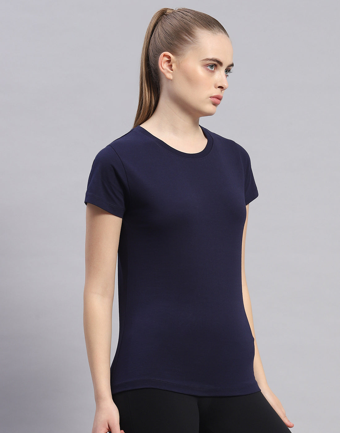 Women Navy Blue Solid Round Neck Half Sleeve Top