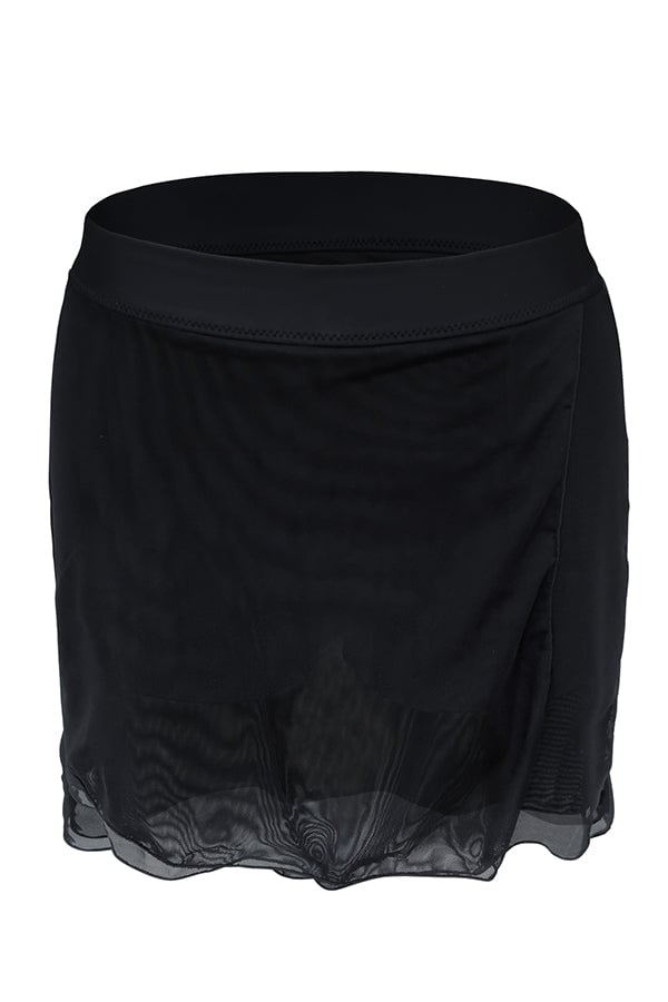 Solid Black Mesh Patchwork Swim Skirt