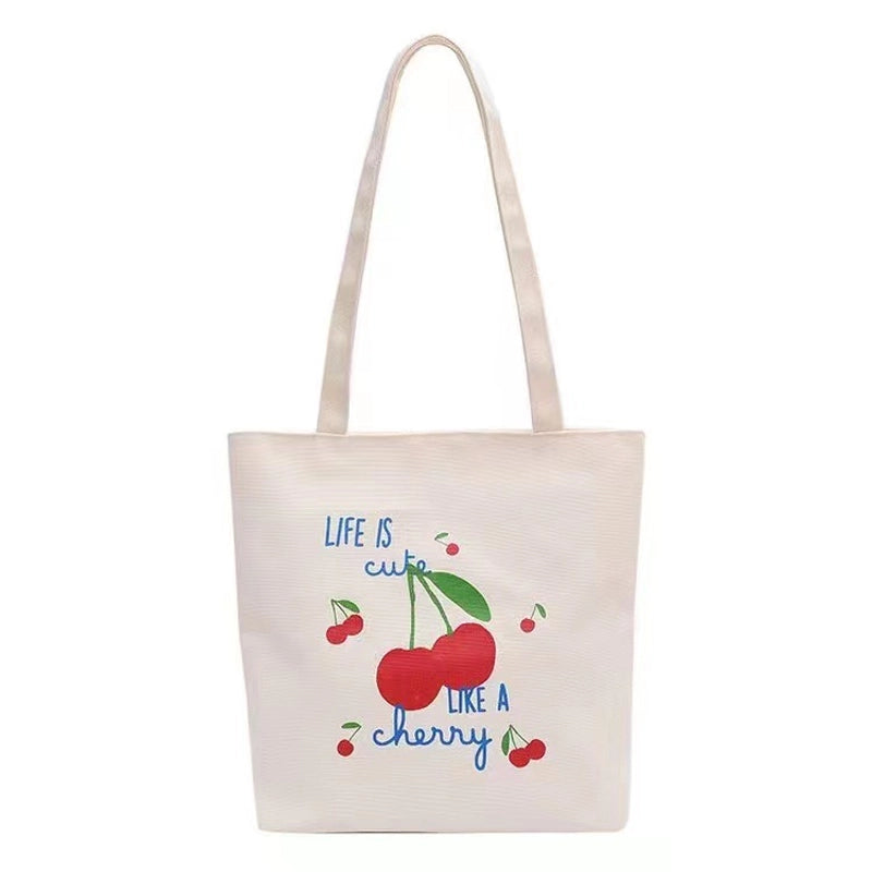 Women's Canvas Cherry Cute Sewing Thread Square Zipper Canvas Bag Tote Bag