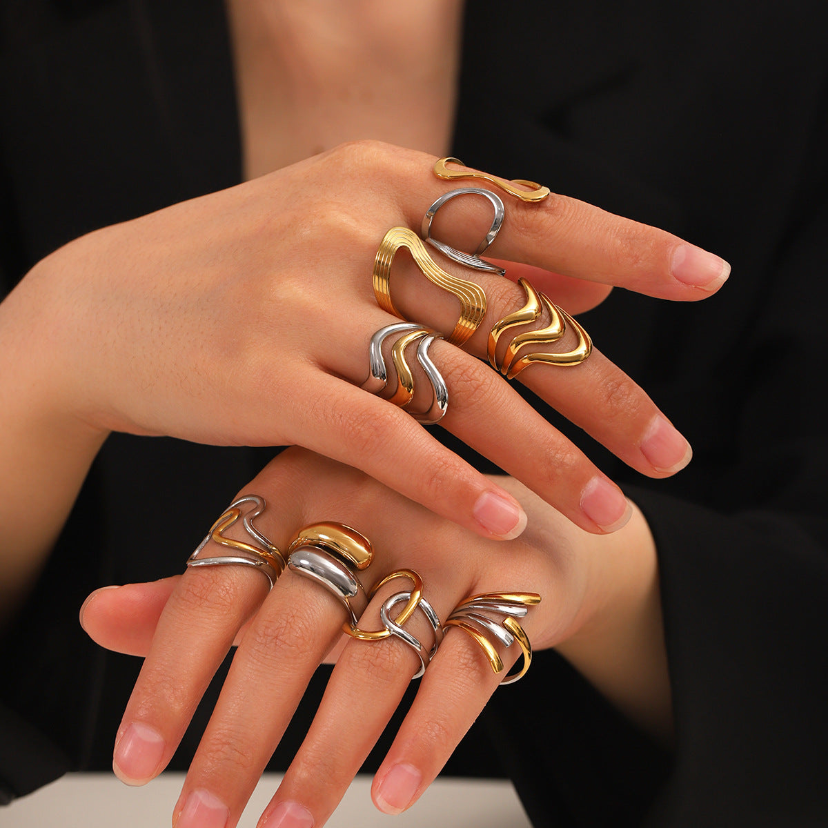 Fashion Personality Color Matching Stainless Steel Ring Irregular Geometric Arc Ring Female Titanium Steel Ring