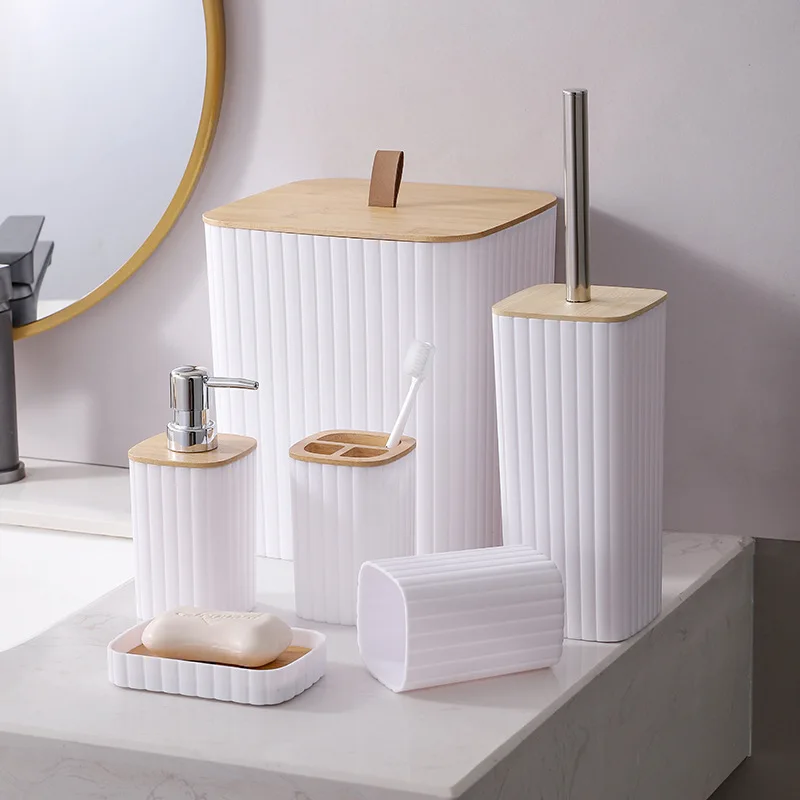 Eco-friendly  Bamboo Plastic Bathroom Sets Luxury vanity Household Items Modern Washroom Toilet Bathroom Accessories Set