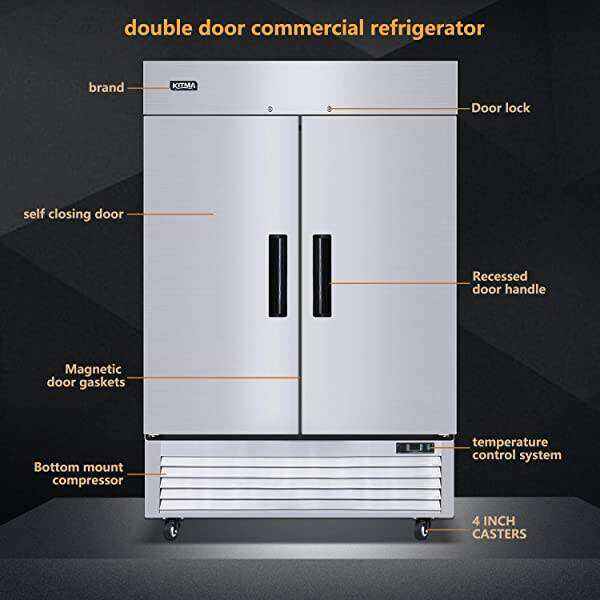 2 DOOR COMMERCI  REFRIGERATOR, STAINLESS STEEL UPRIGHT REFRIGERATOR WITH 6 ADJUSTABLE SHELVES, 49 CU. FT. REACH-IN REVERSIBLE DOOR FRIDGE FOR RESTAURANT CAFE BAR  -WXL