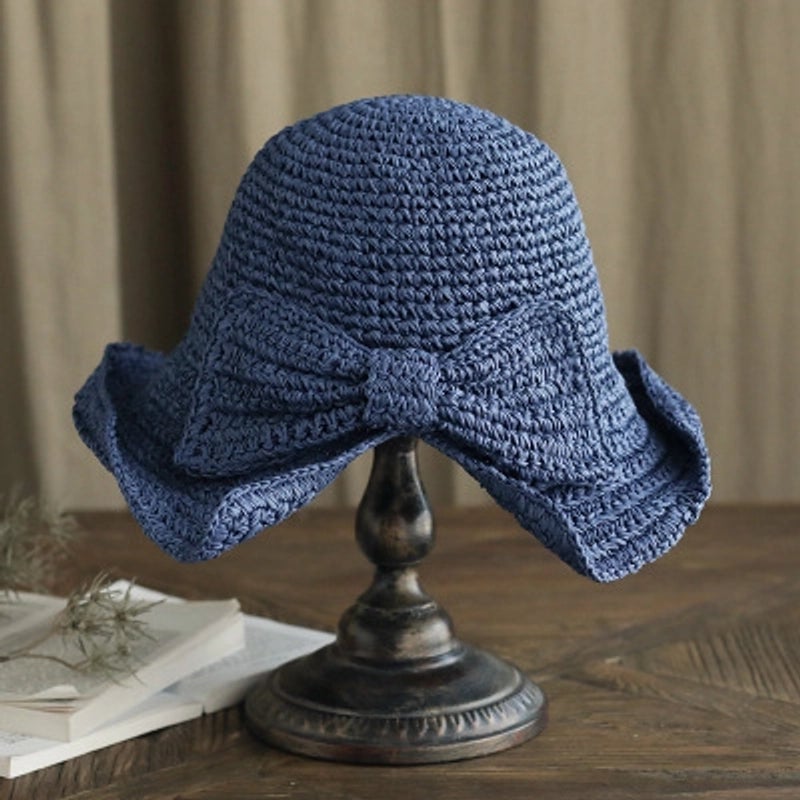 Fisherman Hat Women's Bow Crochet Straw Hat Summer Big Brim Beach Sun-protection Hat